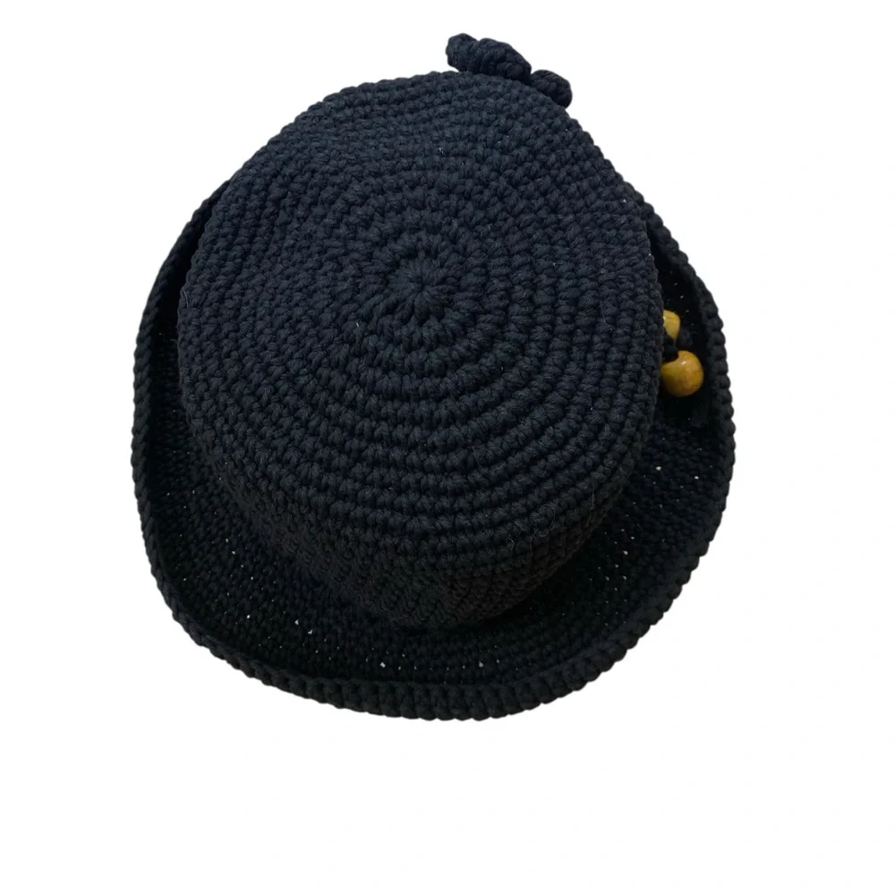 Rico International Women size Small Black Crochet Knit Hat Flower Bead Detail